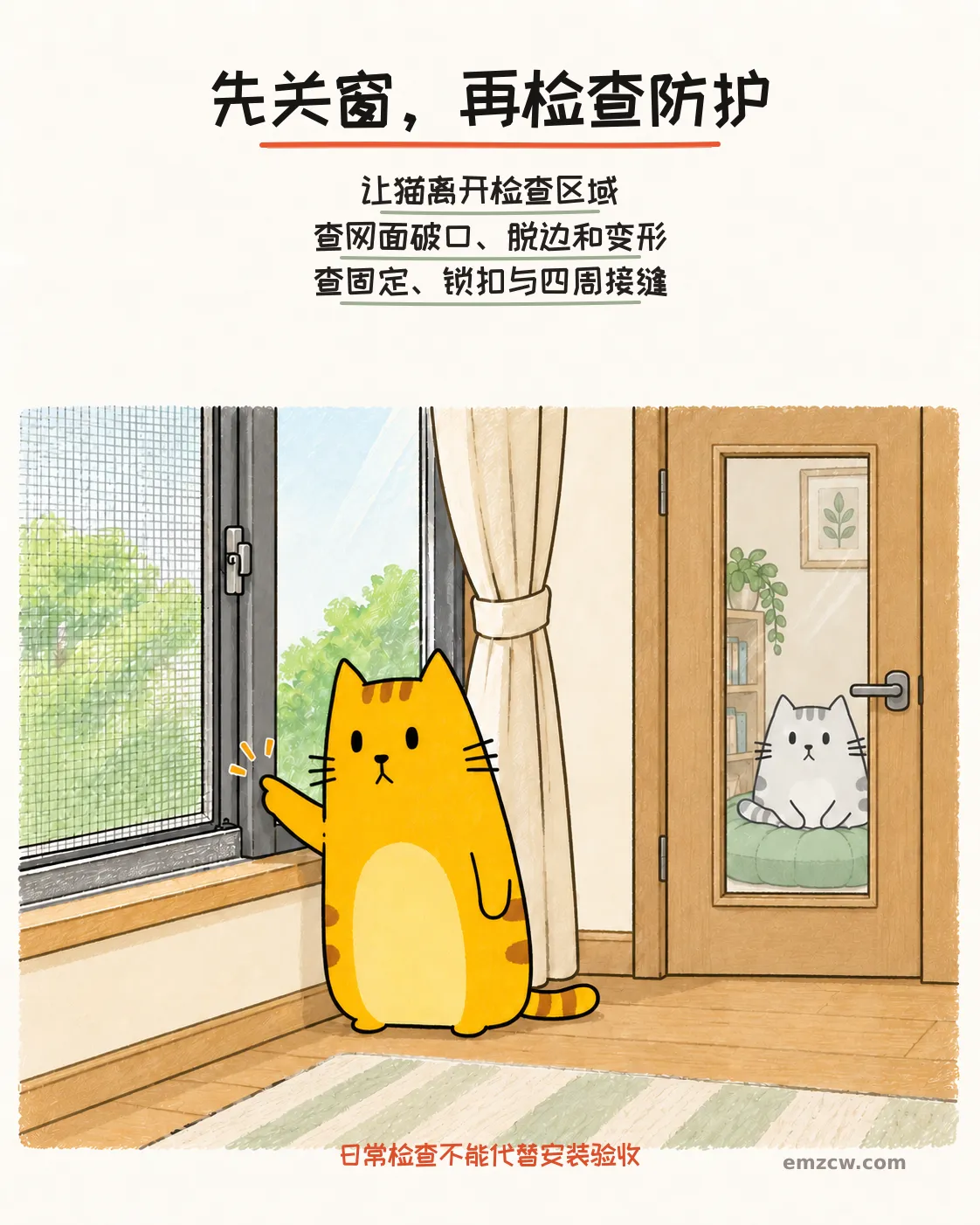 二猫子一只查看关闭玻璃窗前的网框固定处，另一只待在关闭房门后的软垫上，说明检查网面、固定与四周接缝