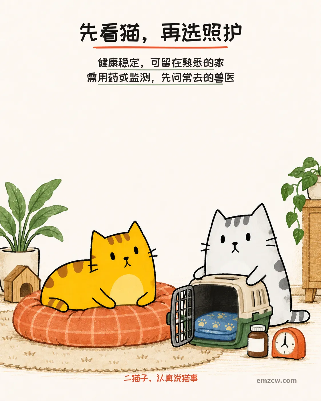 二猫子分别在熟悉的软垫和备好毯子的航空箱旁,说明照护方式要按猫的情况选择