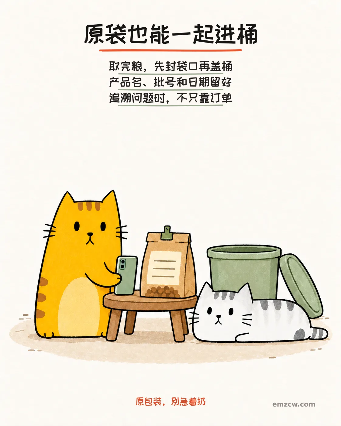二猫子一起查看夹好袋口的粮袋和空白标签,一只用手机留存包装信息,说明保留产品名、批号和日期