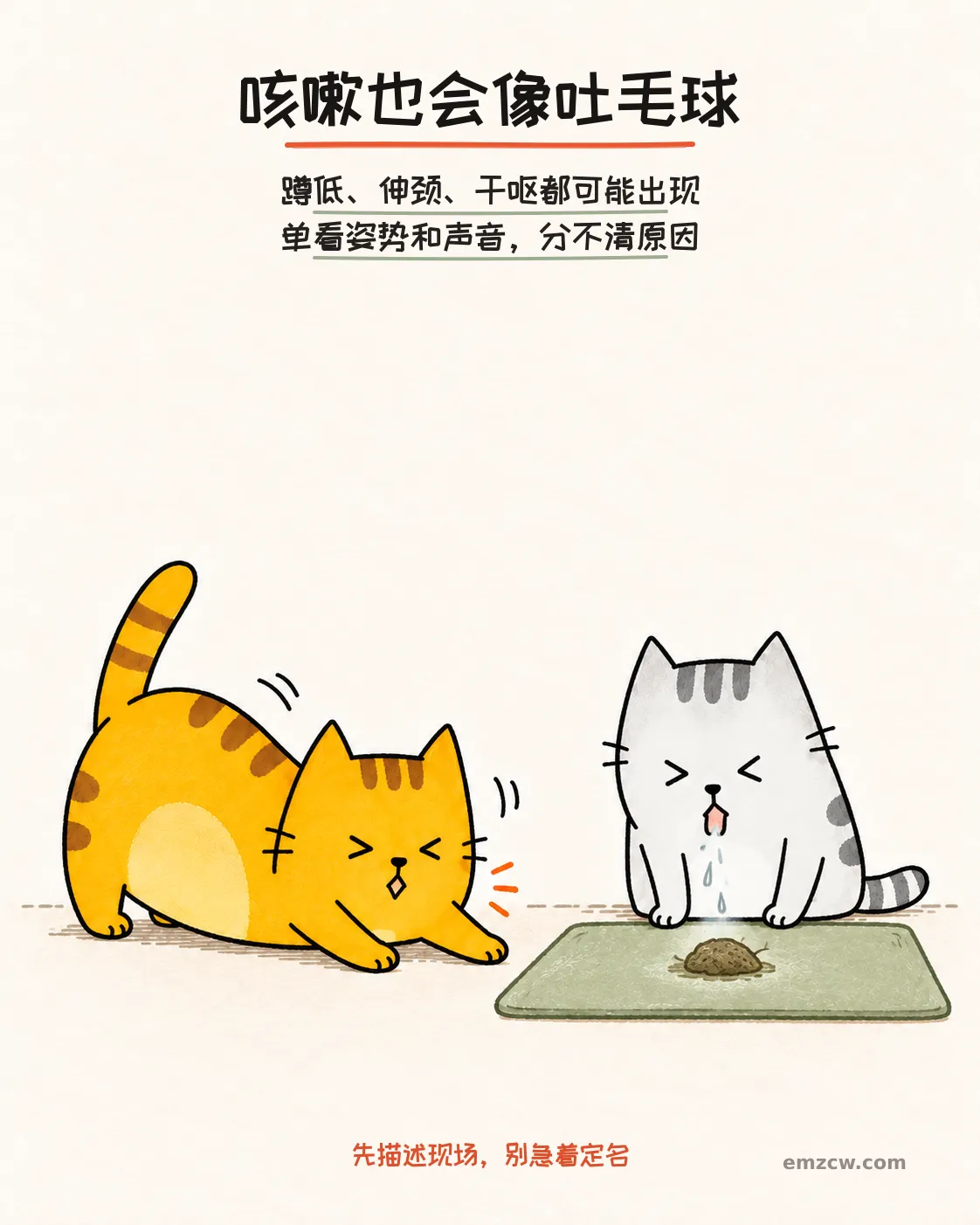 二猫子一只伏低干咳且没有吐出东西，另一只面前有细长湿毛团，提示两种动作外观相似