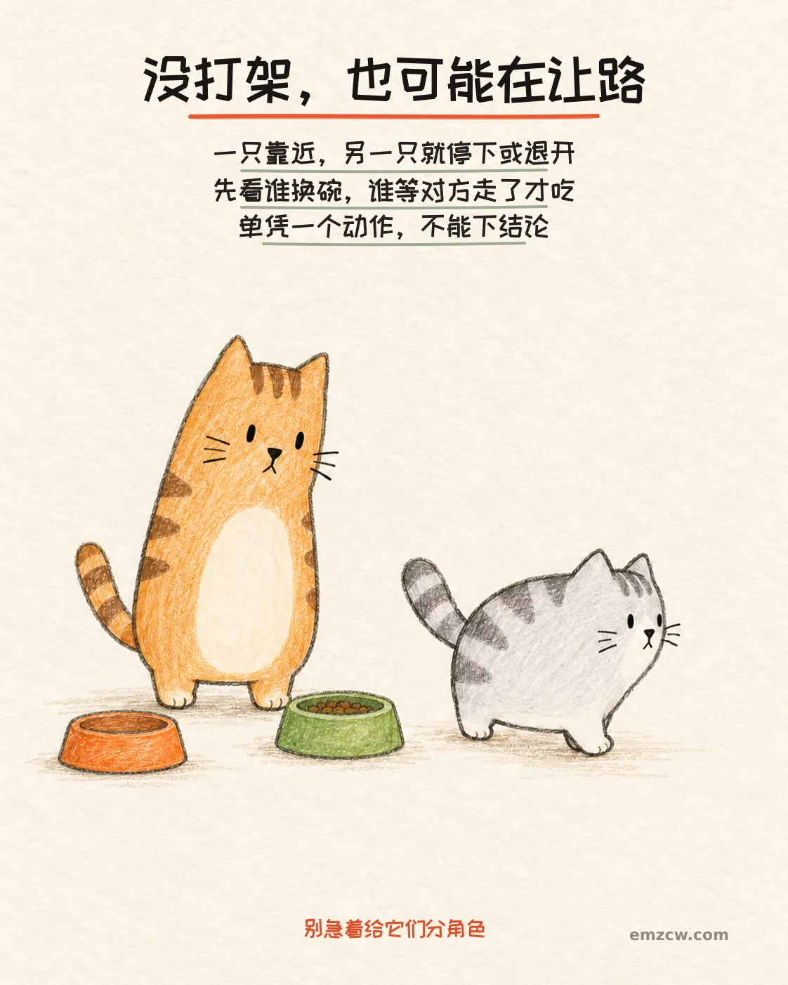 二猫子一只守在饭碗旁，另一只转身离开，提醒即使没有打架，也要观察谁换碗、谁因对方靠近而停吃或退开