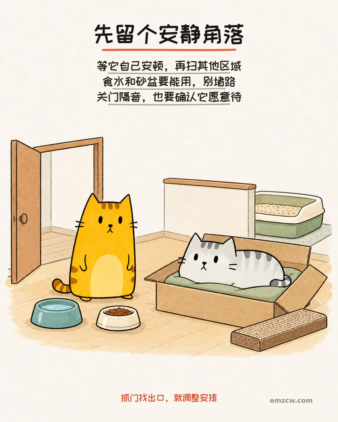 二猫子在安静房间的纸箱、食水、猫砂盆和抓板旁，门口通路留空，说明先让猫自主安顿且确认它愿意留下