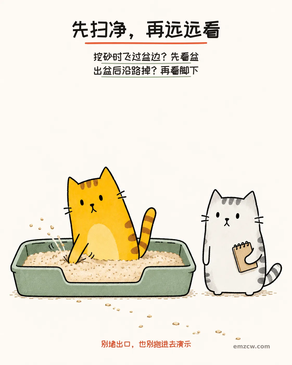二猫子一只在宽敞砂盆里自然挖砂，另一只在盆侧拿着记录本，文字提醒先扫净、站远观察散砂路径，不堵出口也不抱猫进盆演示