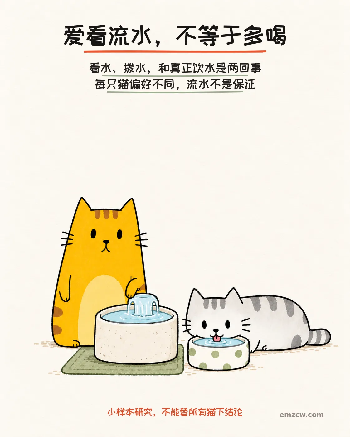 二猫子一只看着流水并拨水,另一只选择普通水碗,说明看水或玩水不等于喝得更多且偏好因猫而异