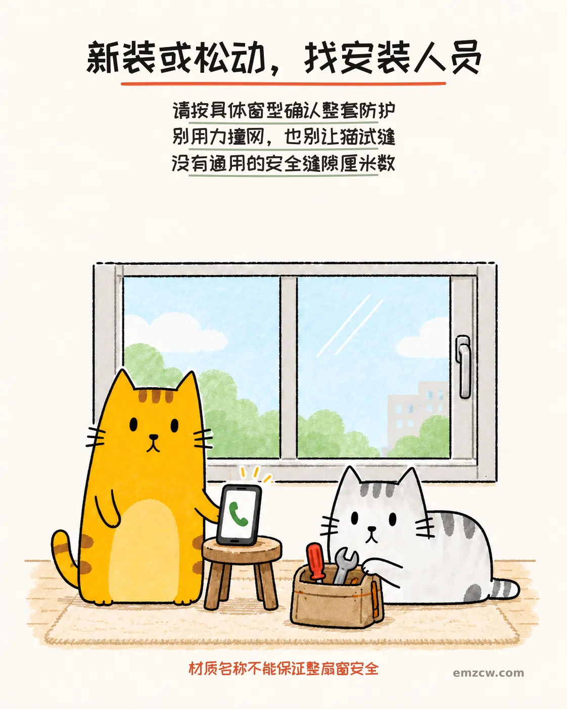 二猫子在关闭的窗户、电话和工具包旁准备联系安装人员，说明新装或松动要现场确认，不撞网也不让猫试缝