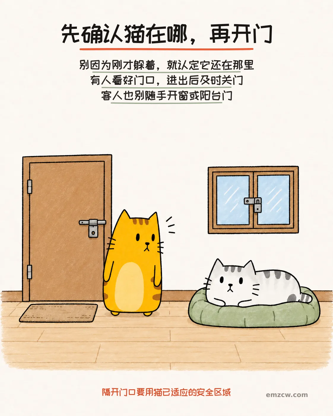 二猫子一只在关闭的入户门旁回望同伴,另一只待在软垫上,窗户也关好,说明开门前先确认猫的位置