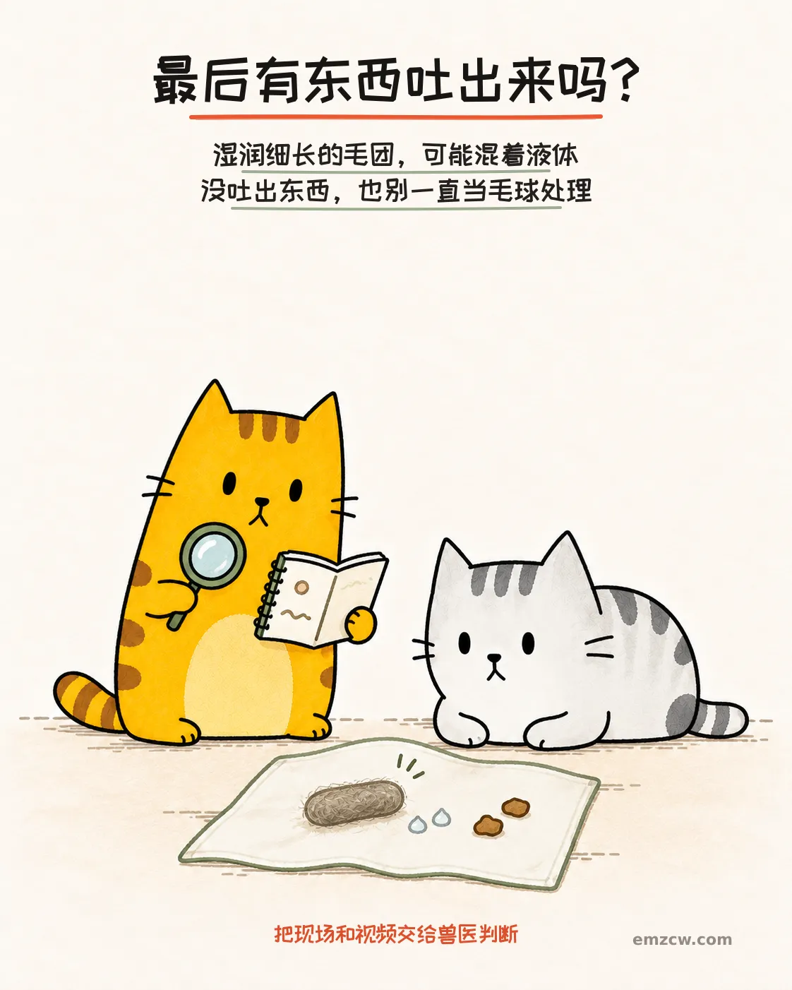 二猫子查看布巾上的细长毛团、液体和食物并做记录，提醒把现场和视频交给兽医判断