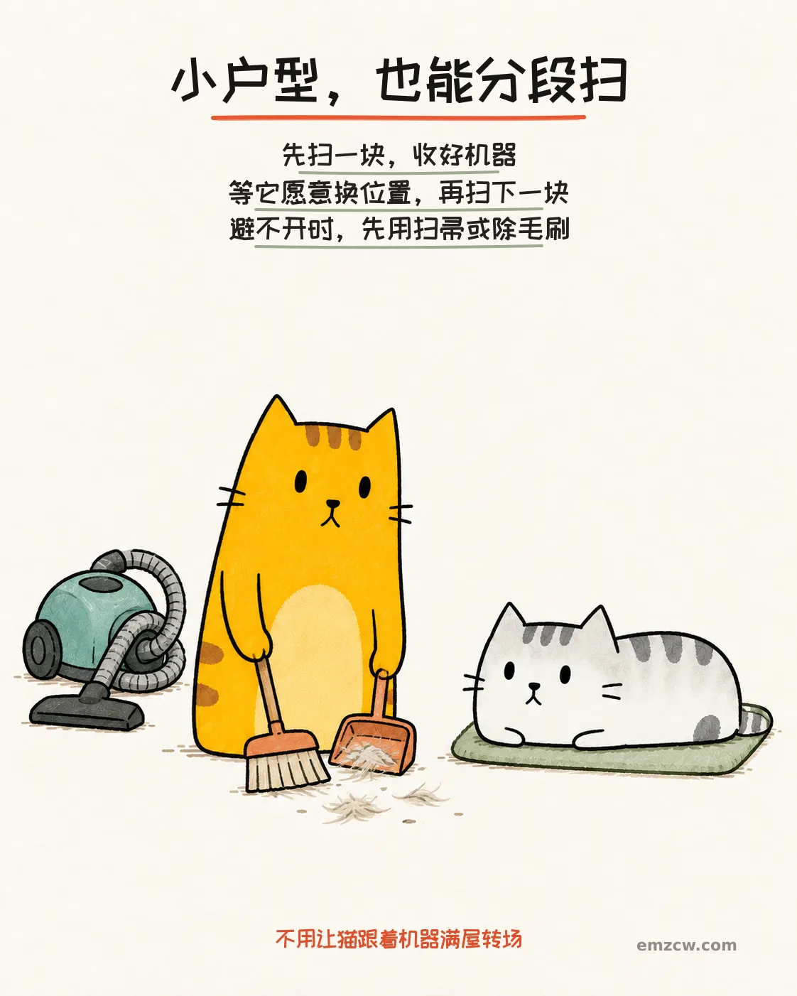 二猫子一只用扫帚和簸箕清理局部猫毛，另一只在软垫上休息，说明分段清扫并等猫愿意换位置再扫下一块
