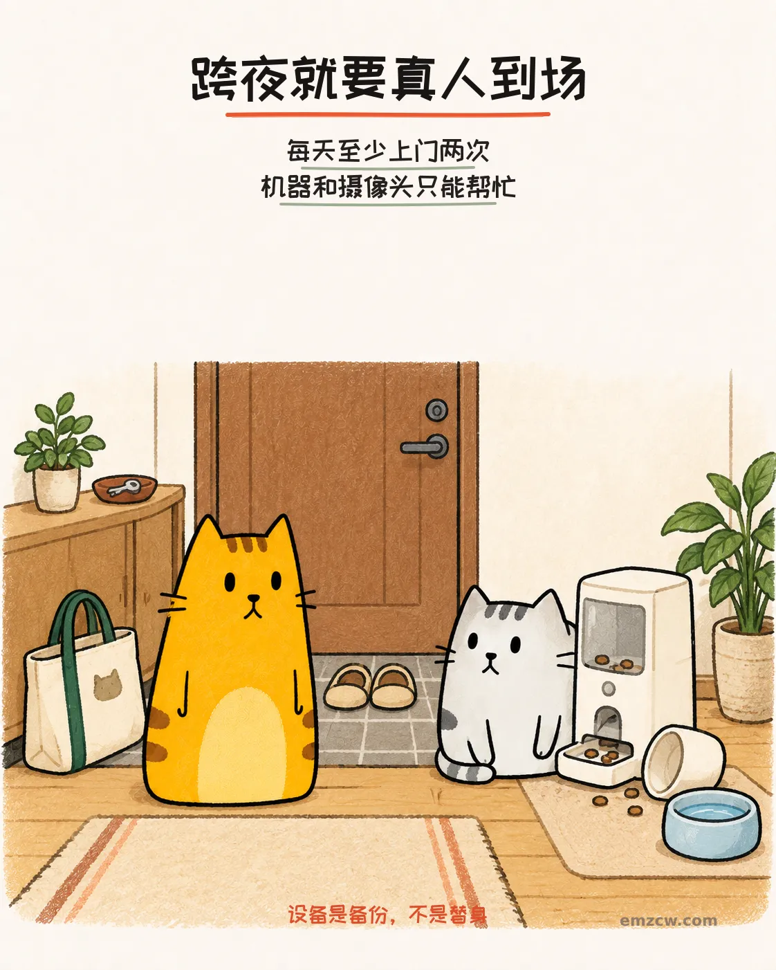 二猫子守在入户门、备用钥匙和故障喂食器旁,说明跨夜要安排真人每天至少上门两次
