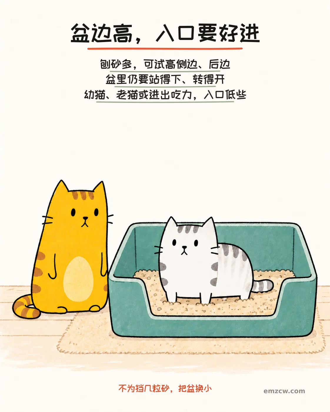 二猫子一只站在侧边和后边较高、前方留低入口的宽敞砂盆内，另一只在旁看着，说明挡砂也要保留站立转身空间和容易进入的入口