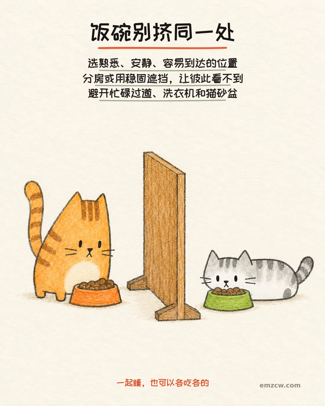 二猫子在稳固不透明挡板两侧各自面对饭碗，说明进食位置要熟悉安静、容易到达，并避开过道、洗衣机和猫砂盆