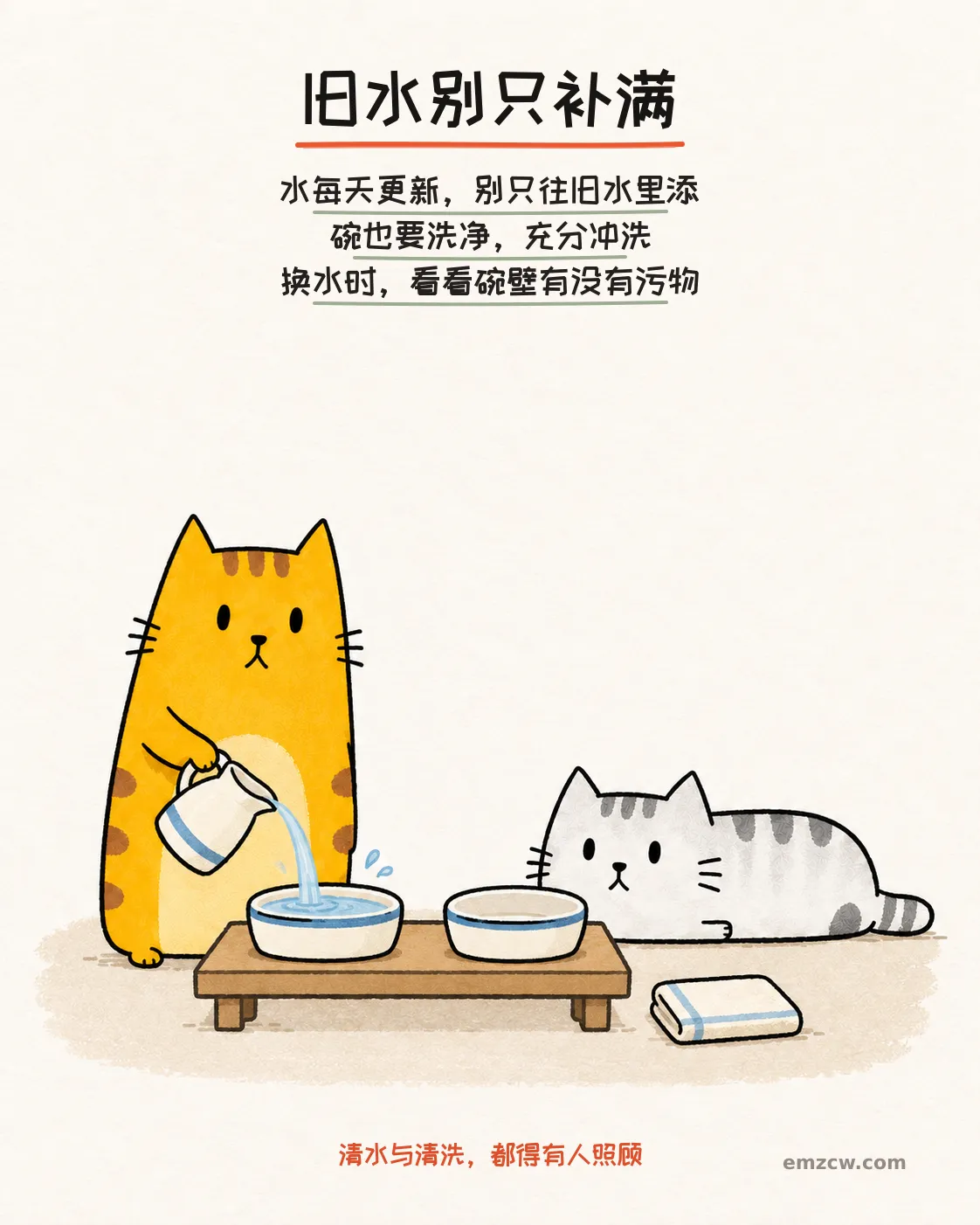 二猫子一只往清洁水碗中倒入清水,另一只守着干净备用碗与布巾,说明每日换水并定期洗净冲洗碗