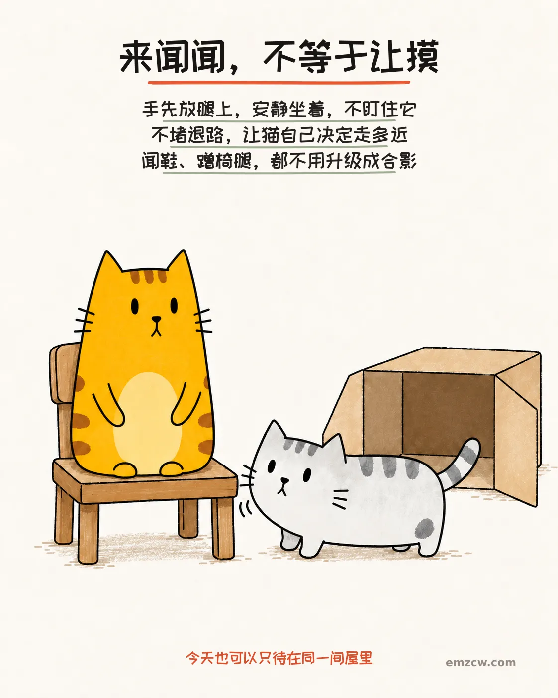 二猫子一只坐在低椅上把前爪放在腿上,另一只主动靠近闻椅腿,身后留着回休息箱的路,说明靠近不等于同意被摸