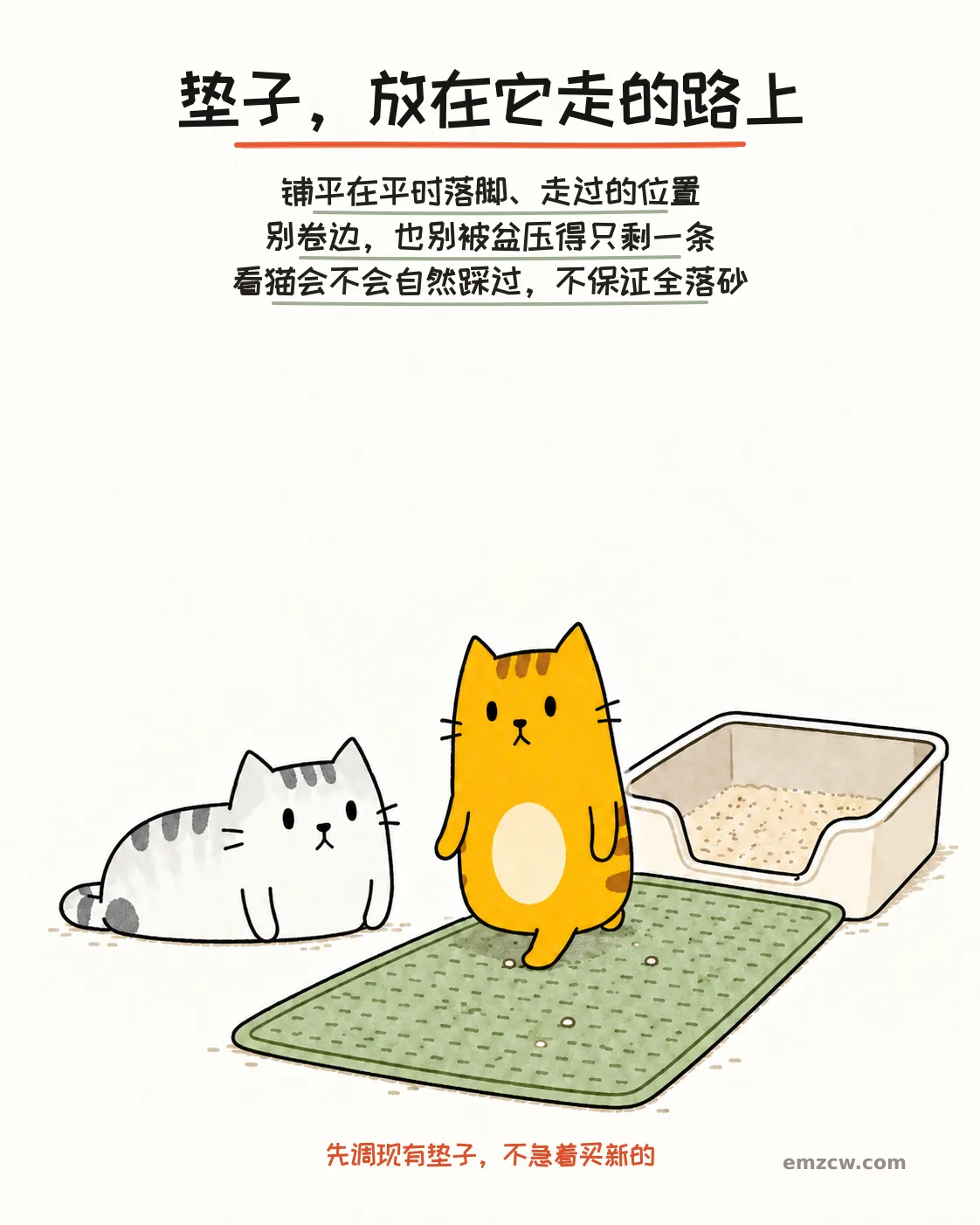 二猫子一只自主走过砂盆出口前平铺的落砂垫，另一只在旁安静看着，说明垫子顺着自然路线放且不能保证收住全部散砂