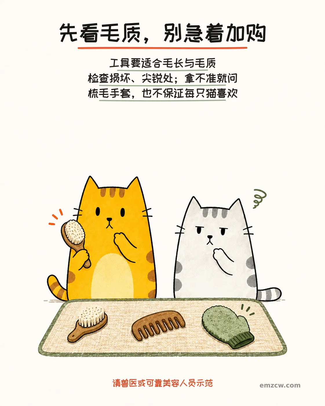 二猫子一起查看软刷、梳子和梳毛手套，说明工具要适合毛长毛质，拿不准时请专业人员示范