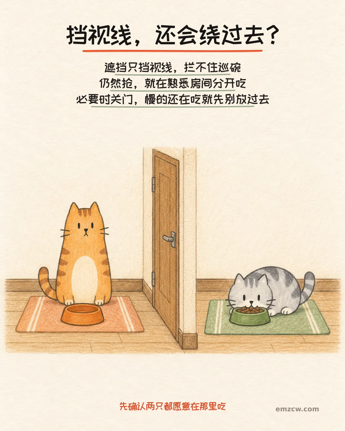 二猫子隔着关闭的室内房门各自待在熟悉的餐垫上，一只仍在吃饭，说明挡视线拦不住巡碗，必要时分房且先确认都愿意进食