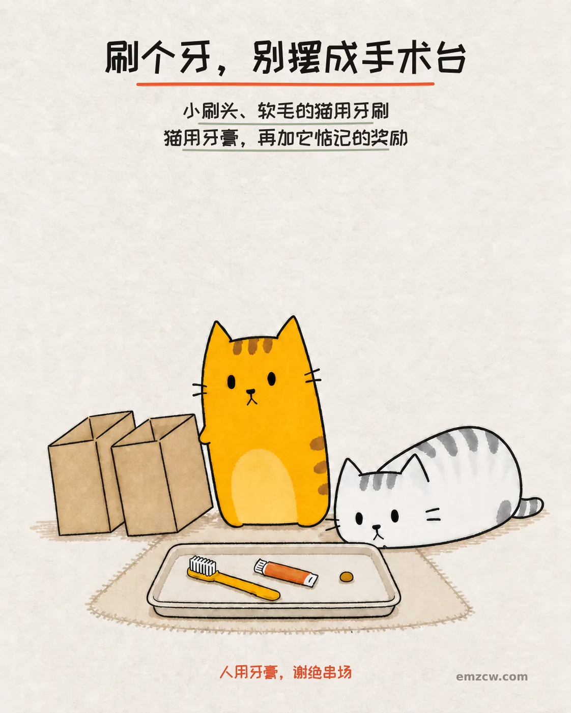 橘猫和银渐层看着小刷头软毛猫用牙刷、猫用牙膏和奖励，说明基础工具不用摆成手术台