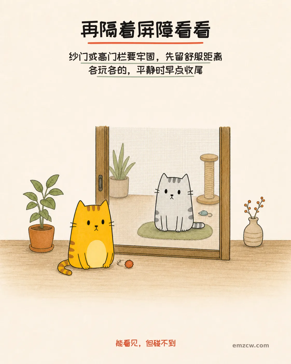 二猫子隔着固定纱门保持距离,各自面对玩具,说明先看见但碰不到