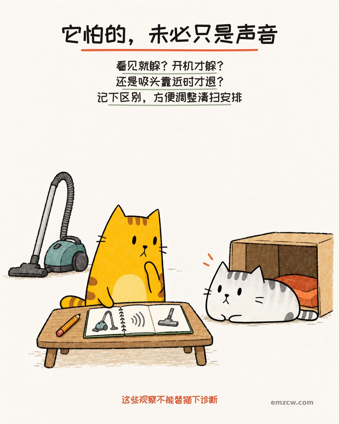 二猫子一起看着画有机器、声波和吸头的记录本，旁边吸尘器静止，说明观察不同刺激而不据此下诊断