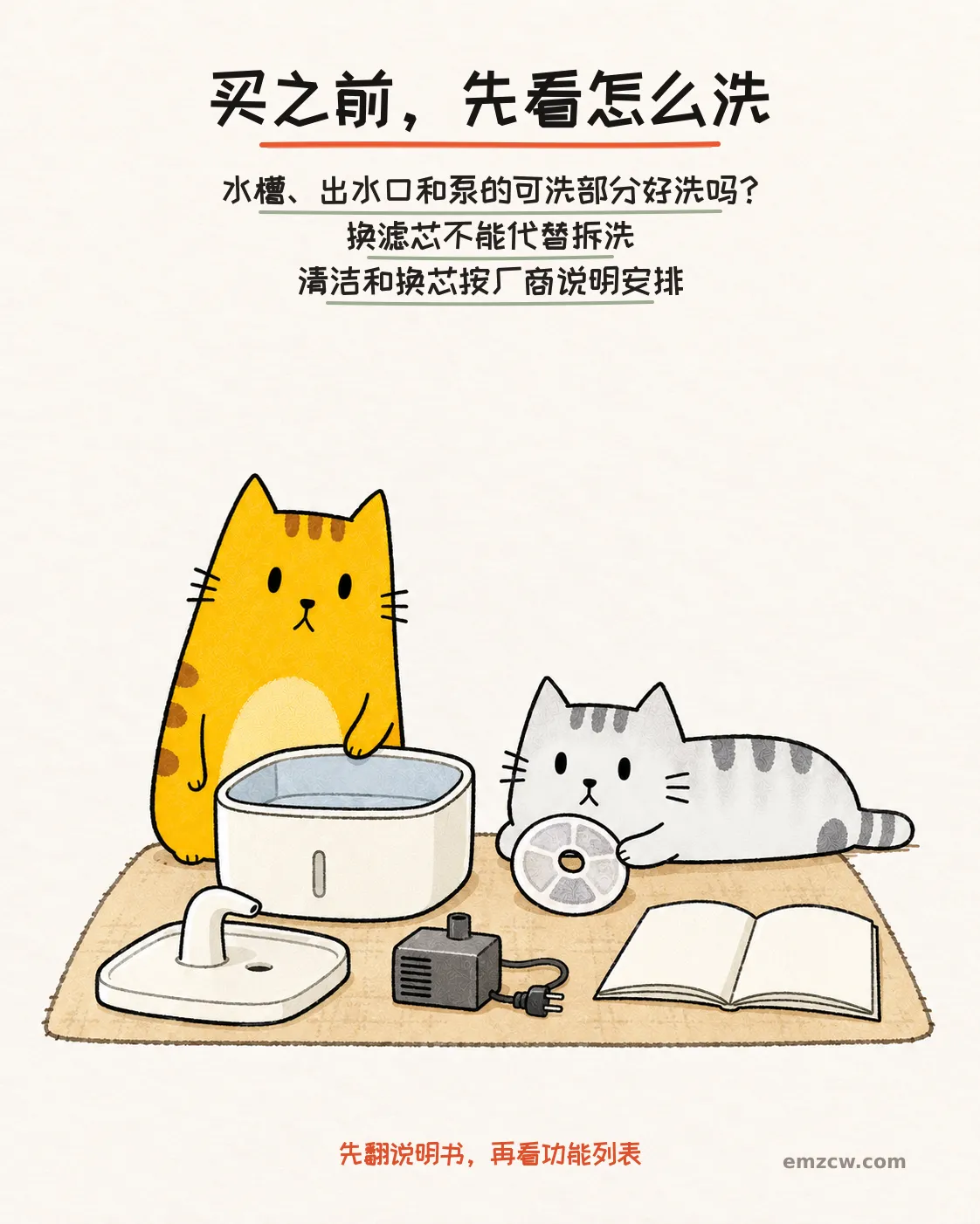二猫子查看拆开的水槽、出水口、泵、滤芯和空白说明书,插头已断开,说明选购前看可清洗部件且换芯不代替拆洗