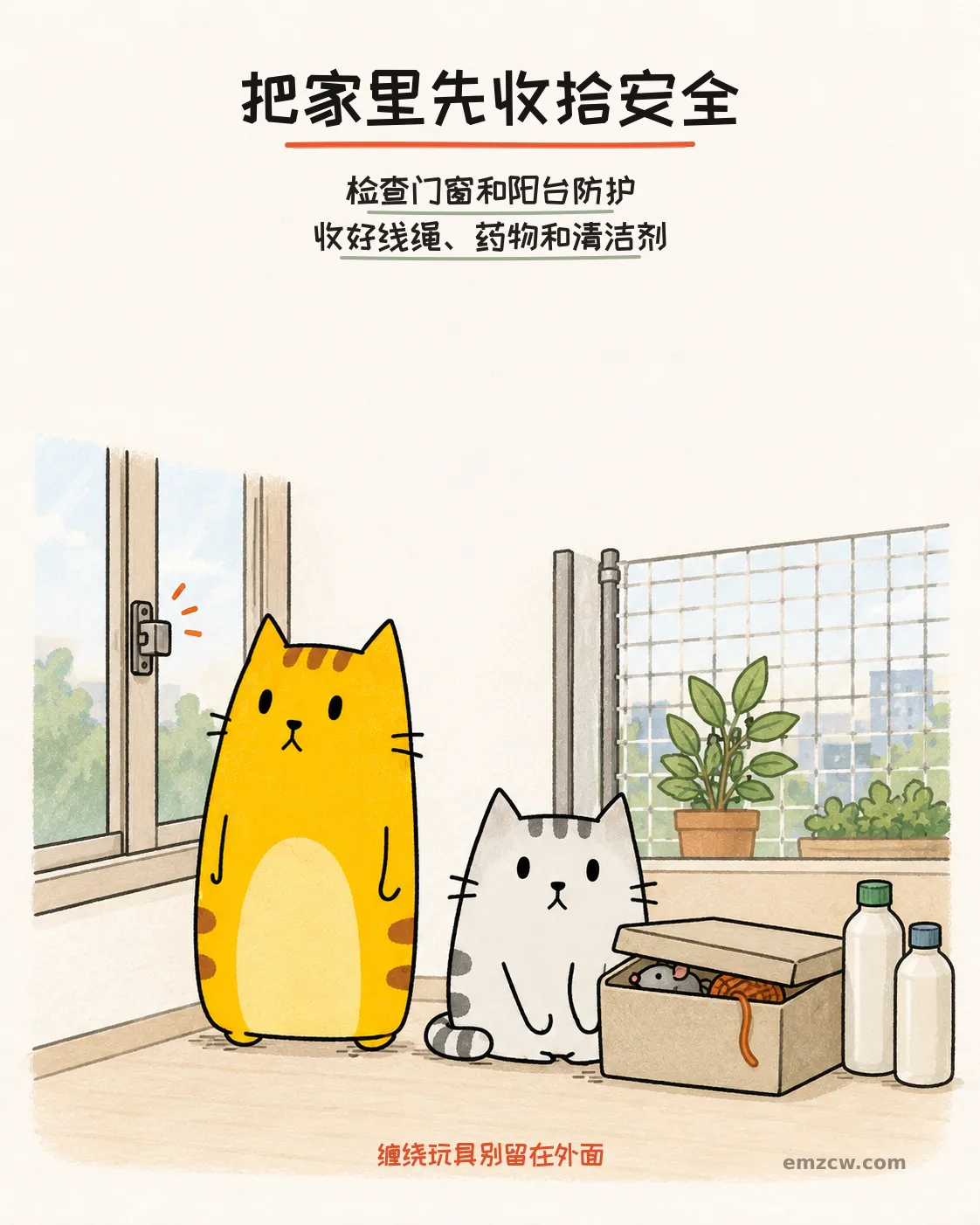 二猫子检查窗锁和阳台防护,并把线绳玩具、药物和清洁剂收好