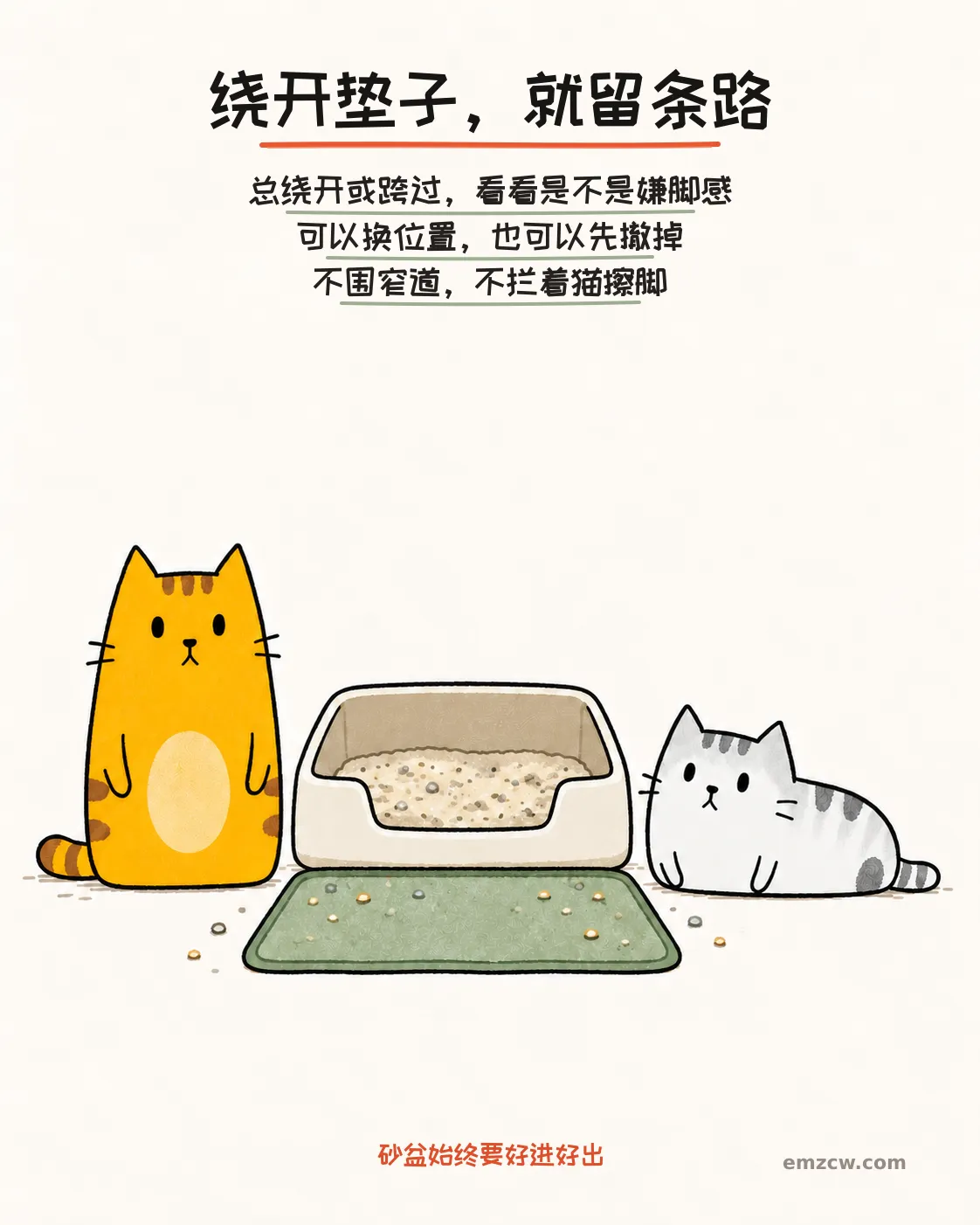 二猫子在砂盆与平铺落砂垫两侧自主停留，垫外通路畅通，说明回避垫面时可以调整或撤掉而不强迫踩垫