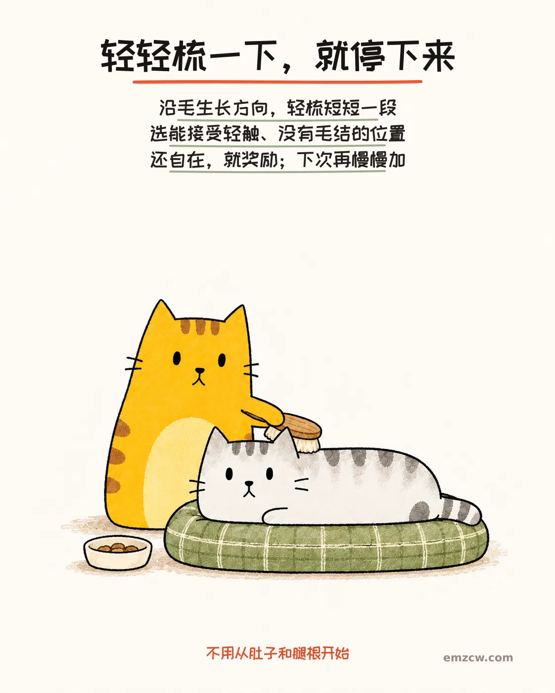 二猫子一只用软刷轻梳同伴肩后背毛，另一只放松卧在软垫上，旁边有奖励，说明顺毛轻梳短短一段就停