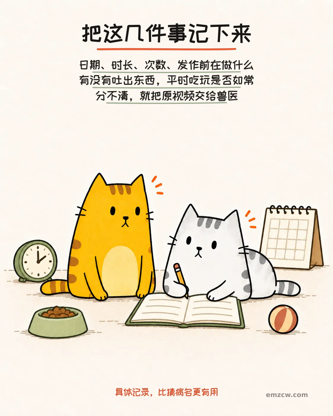 二猫子用时钟、日历、饭碗和玩具记录发作次数、时长、进食与活动变化