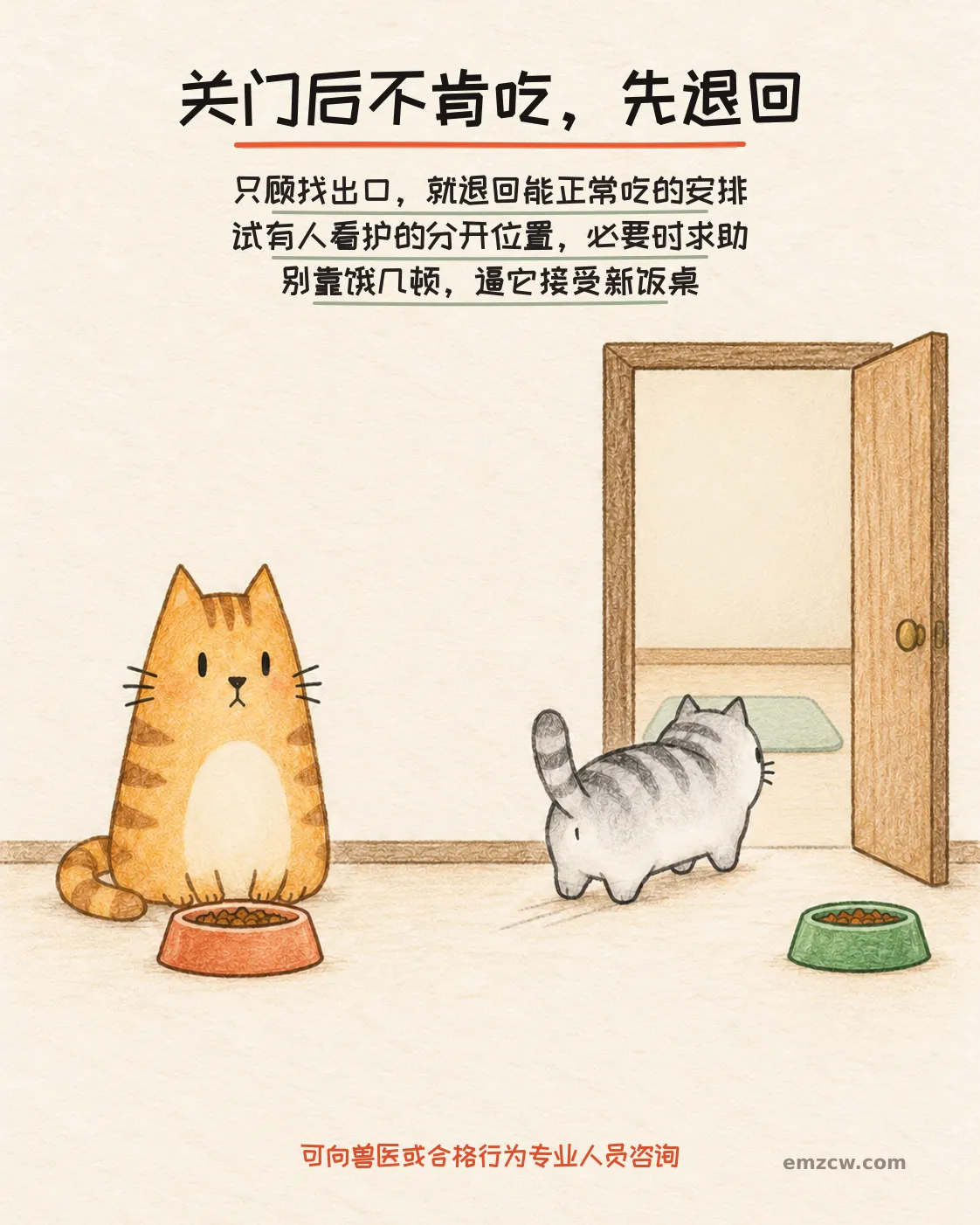 二猫子一只从打开的室内房门离开，饭碗仍有食物，另一只安静等待，说明关门后只顾找出口时退回能正常进食的安排，不靠挨饿逼迫