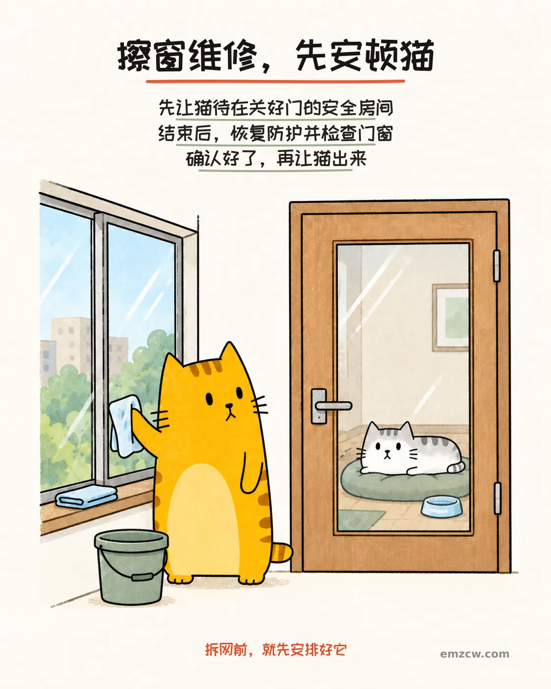 二猫子一只擦拭关闭的玻璃窗，另一只在关闭房门后的软垫和水碗旁休息，说明拆网维修前先安顿猫