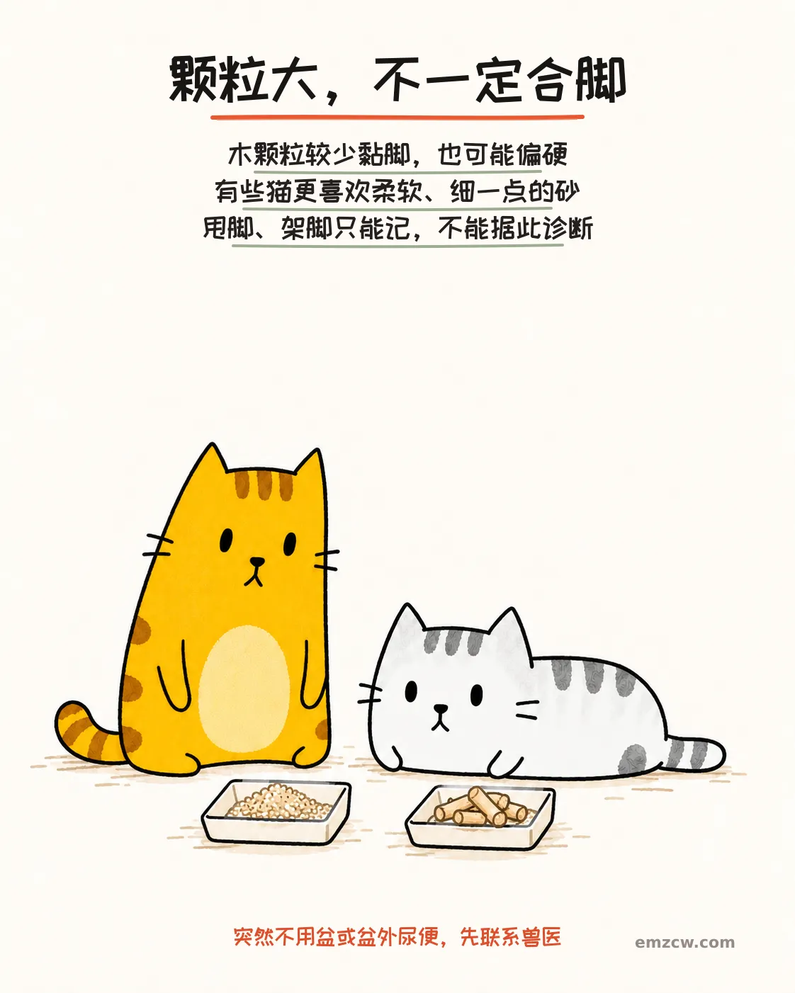 二猫子一起查看小托盘里的细砂与木颗粒，说明较少黏脚也要考虑触感，甩脚不能据此诊断且突然不用盆或盆外尿便应先联系兽医