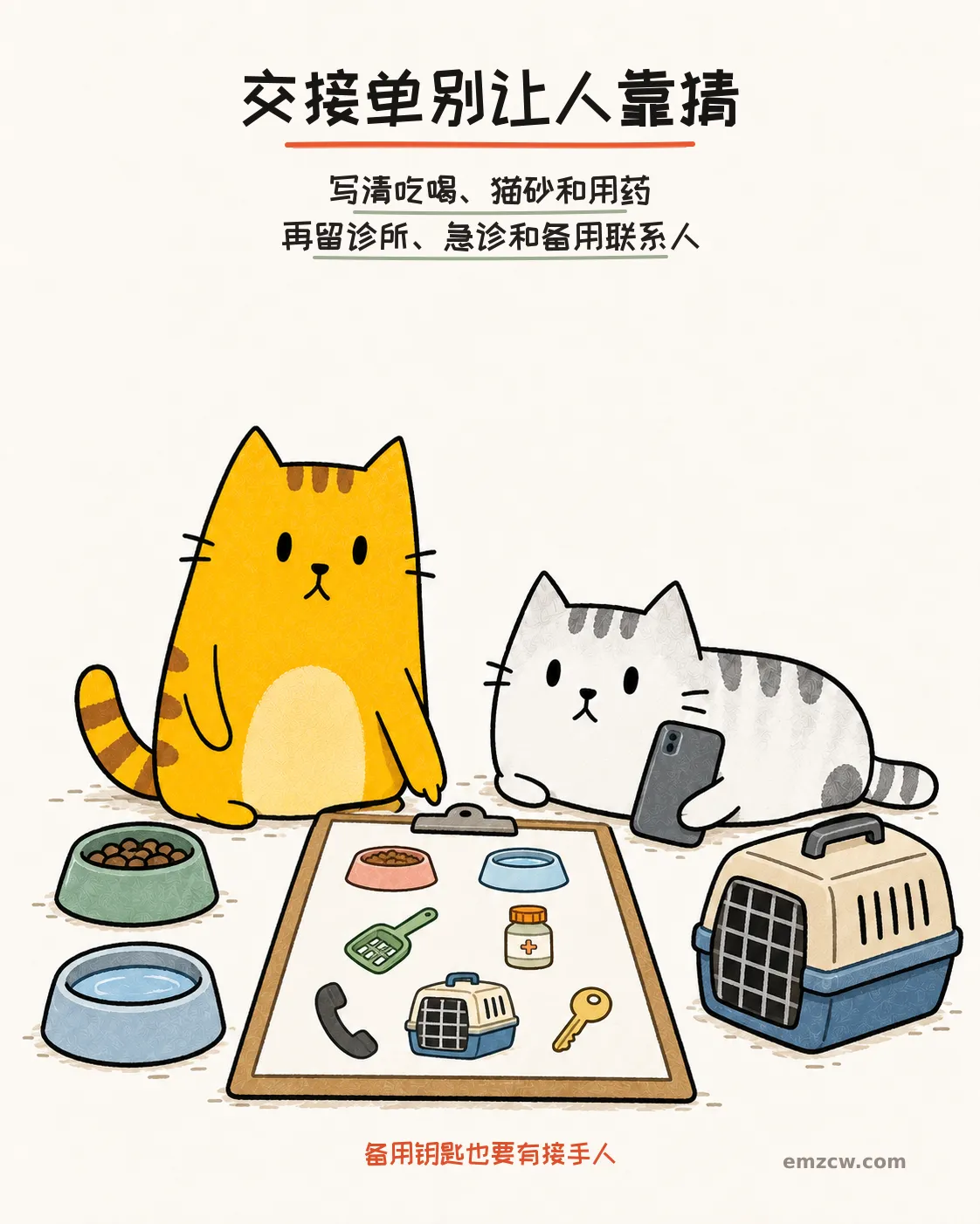 二猫子围着画有食水、猫砂、用药、诊所、航空箱和钥匙的交接单核对信息