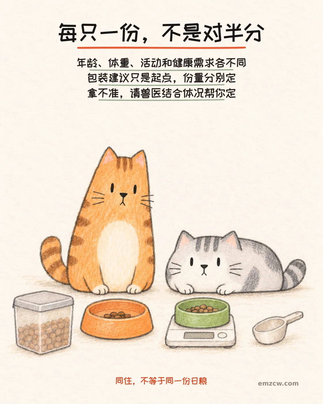 二猫子查看两只分别装好食物的碗、空白显示的厨房秤和量勺，说明年龄体重活动及健康需求不同，每只日粮要分别确定