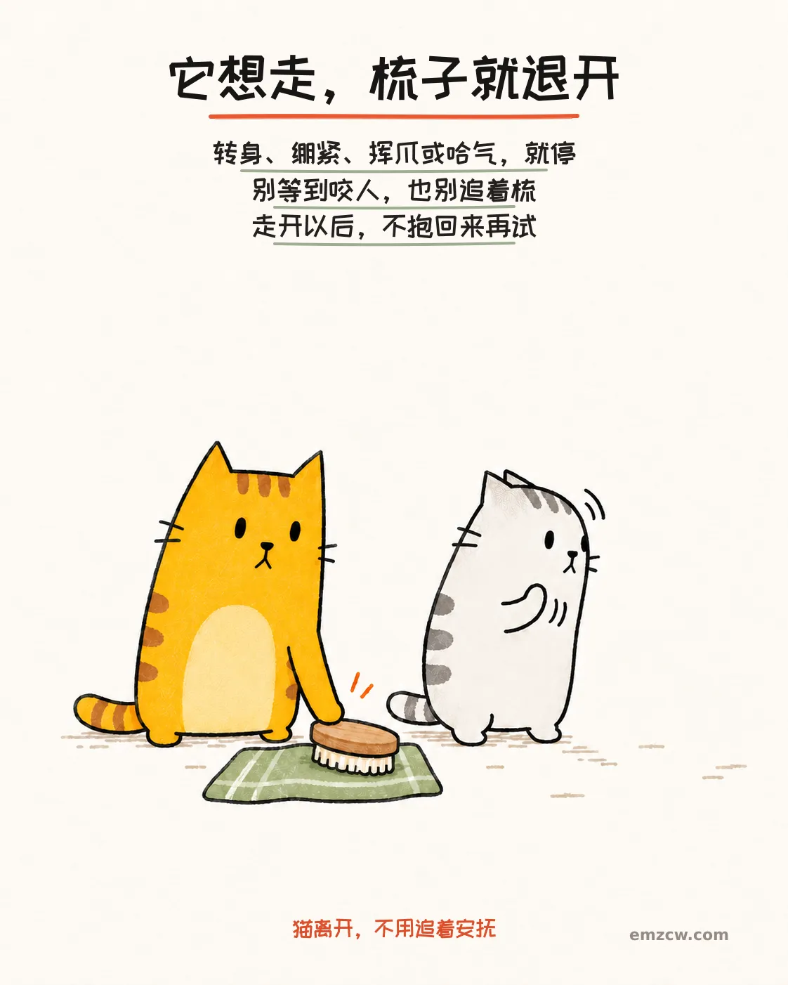 二猫子一只转身准备离开并抬起前爪，另一只把梳毛刷放回布巾，说明想走、绷紧、挥爪或哈气时立即停止