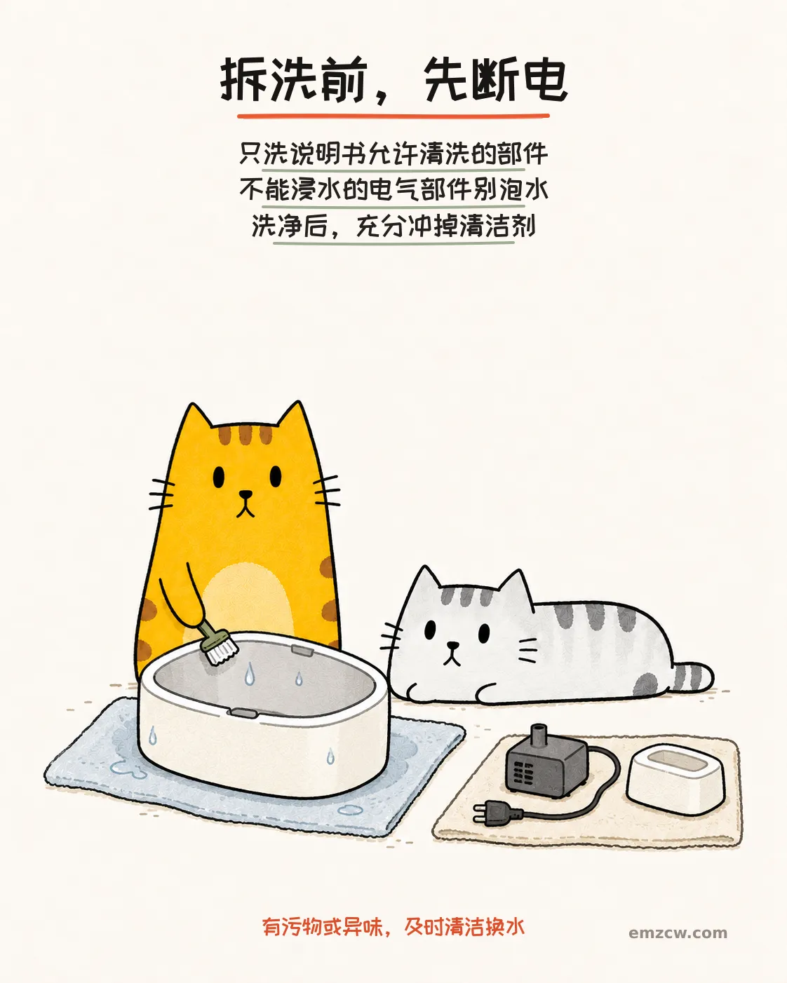 二猫子一只刷洗允许清洗的水槽,另一只在旁观看,电气部件与拔下的插头留在干燥布巾上,说明拆洗前先断电