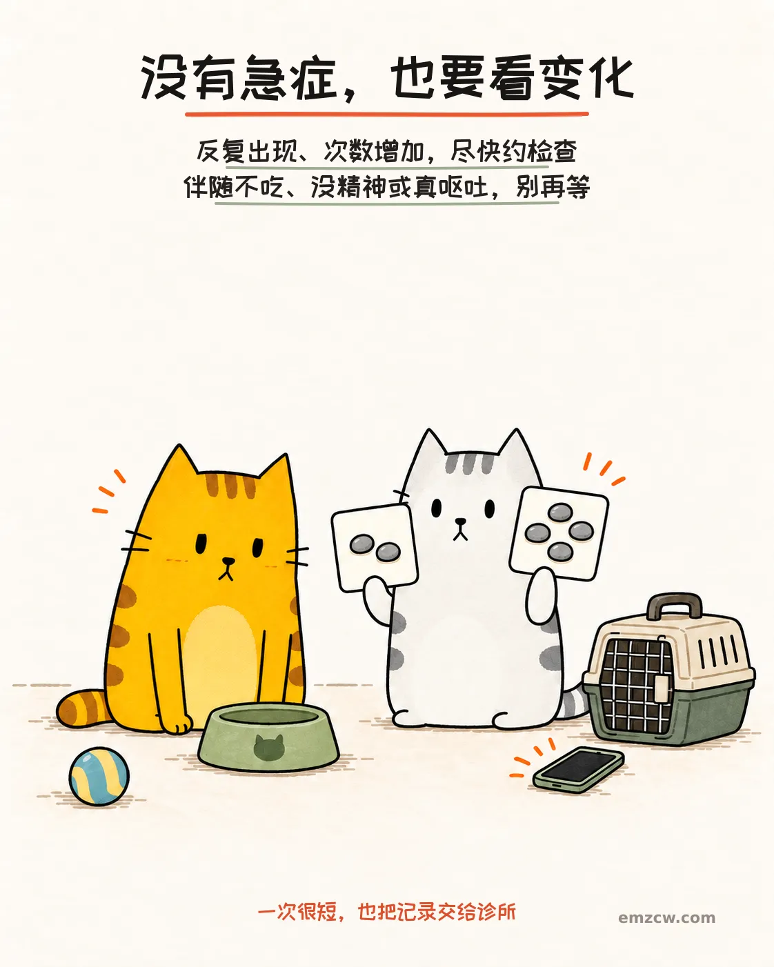 二猫子对比两组石子并看向未动的饭碗、手机和航空箱，提醒反复或伴随状态变化要预约检查