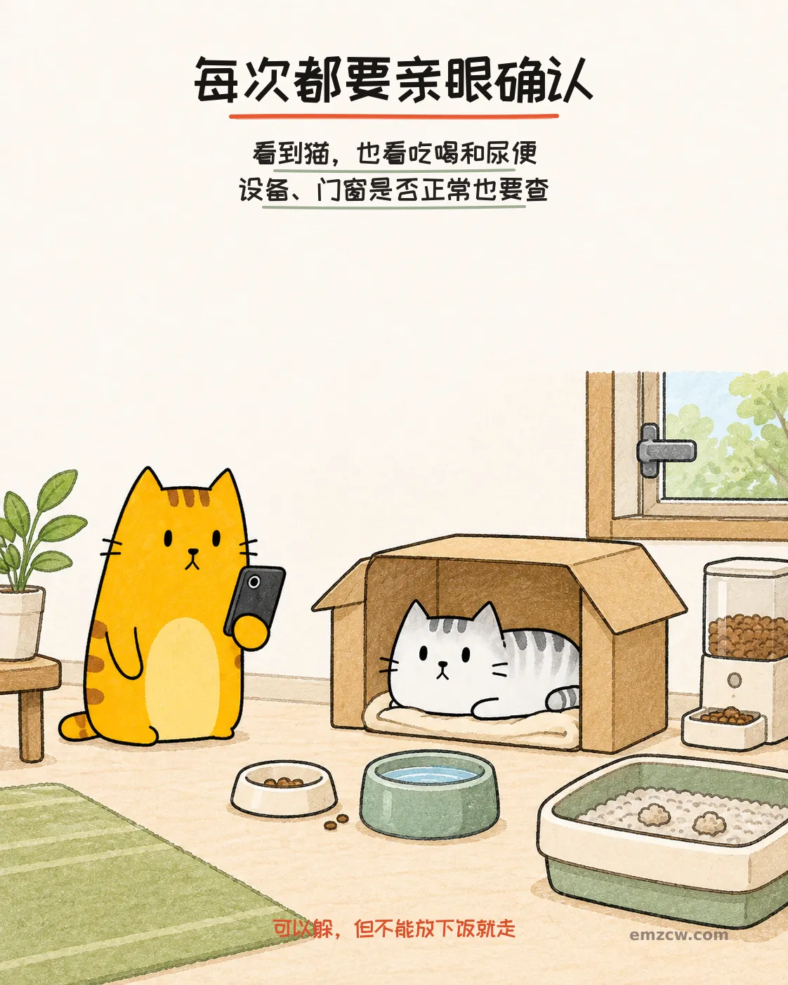 二猫子一只待在纸箱里,另一只从安全距离确认猫、食水、尿便、设备和门窗状态