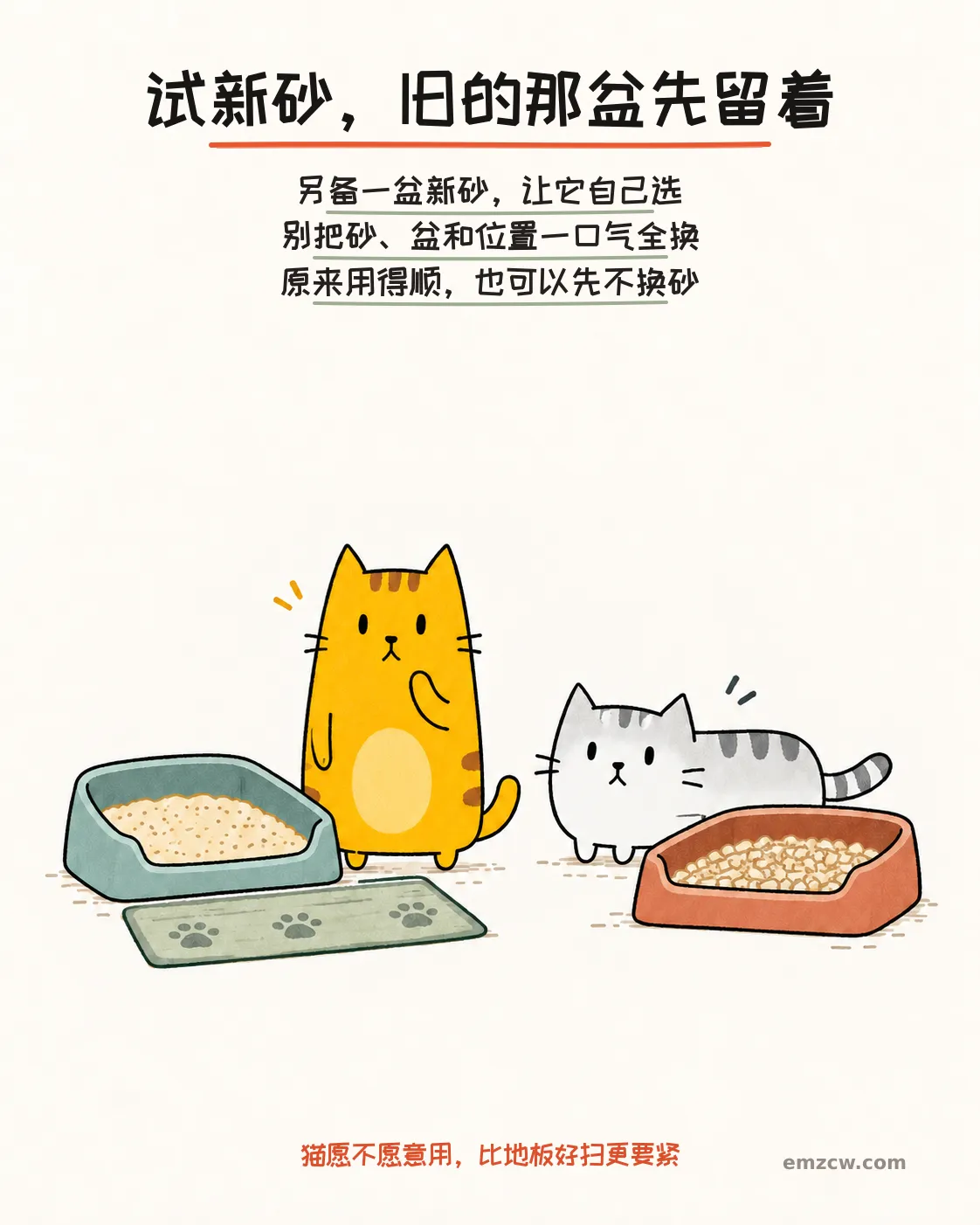 二猫子站在分别装有熟悉细砂和新砂的两个开放式砂盆旁，说明试新砂时保留原来那盆且不同时更换砂盆和位置