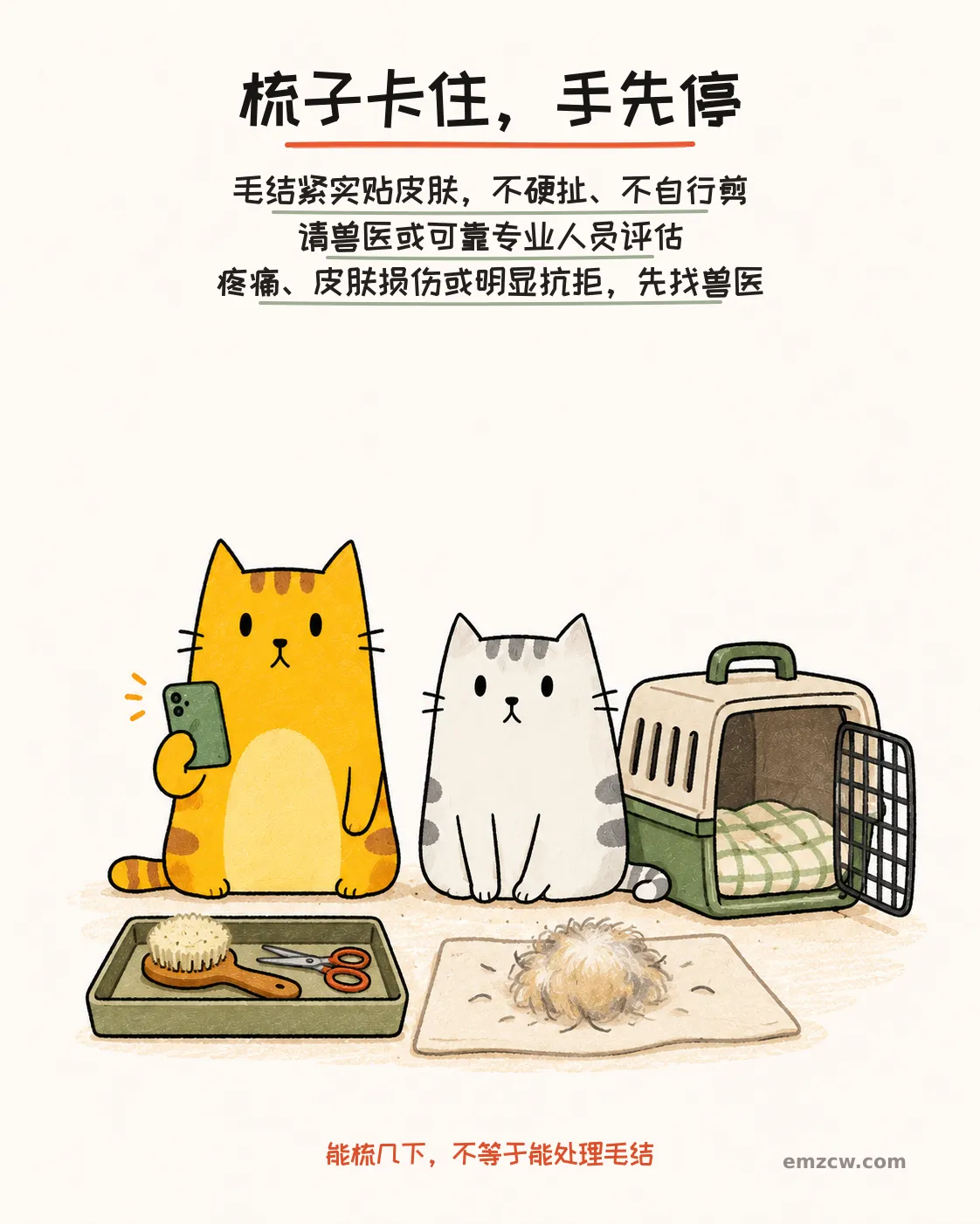 二猫子在电话和航空箱旁准备求助，梳毛刷与剪刀留在远离身体的托盘里，说明紧实贴皮毛结不能硬扯或自行剪