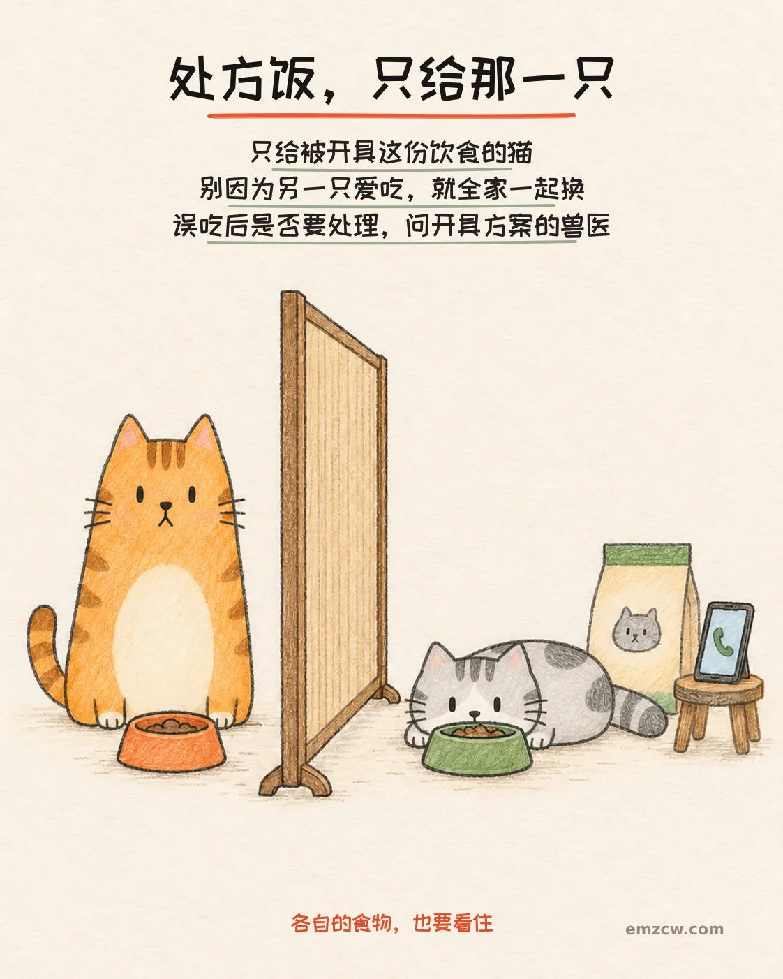 二猫子在挡板两侧各自面对饭碗，一侧摆着无字食物袋和电话，说明处方饮食只给被开具的猫，误吃后向开具方案的兽医询问