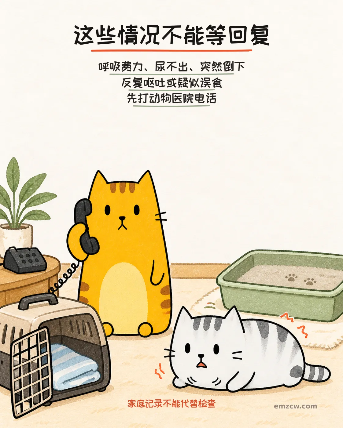 二猫子一只呼吸费力地低伏,另一只守在电话和打开的航空箱旁,提醒急症先联系动物医院