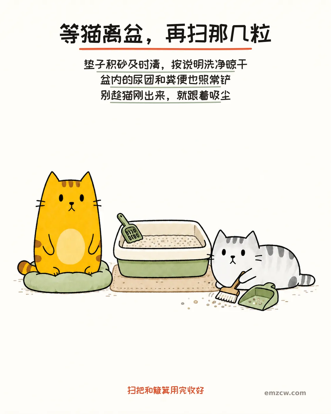 二猫子一只在盆外软垫上休息，另一只用短手刷和簸箕清理砂盆旁的干砂，文字提醒等猫离开再清扫，盆内尿团和粪便照常铲除