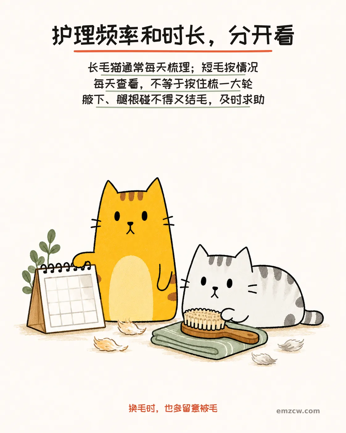 二猫子守着空白日历、梳毛刷和少量浮毛，说明护理频率与每次时长要分开，难触碰又结毛的部位需及时求助