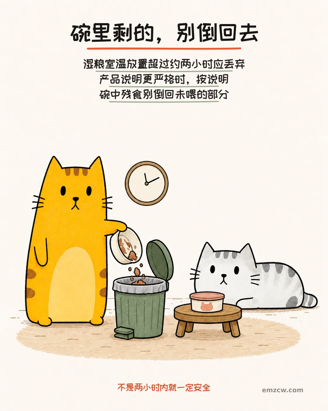 二猫子一只把碗中湿粮残食倒进垃圾桶,另一只守着单独盖好的未喂部分,说明室温超时应丢弃且残食不能倒回