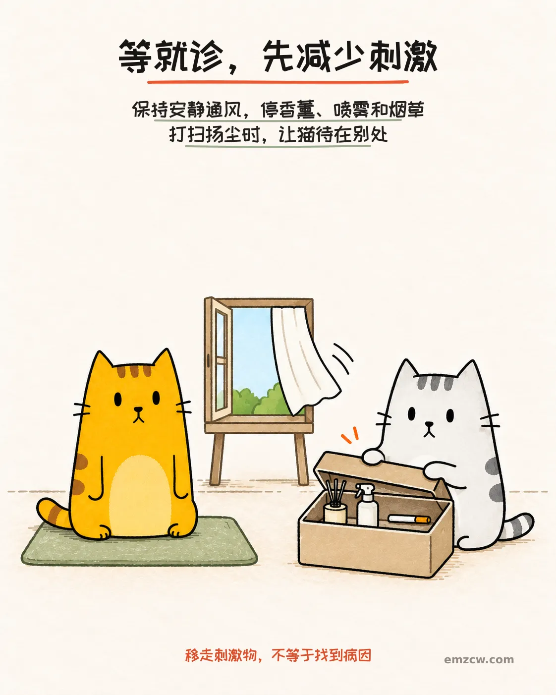 二猫子把香薰、喷雾和烟草收进盒子，旁边保持安静通风，说明移走刺激物不等于找到病因