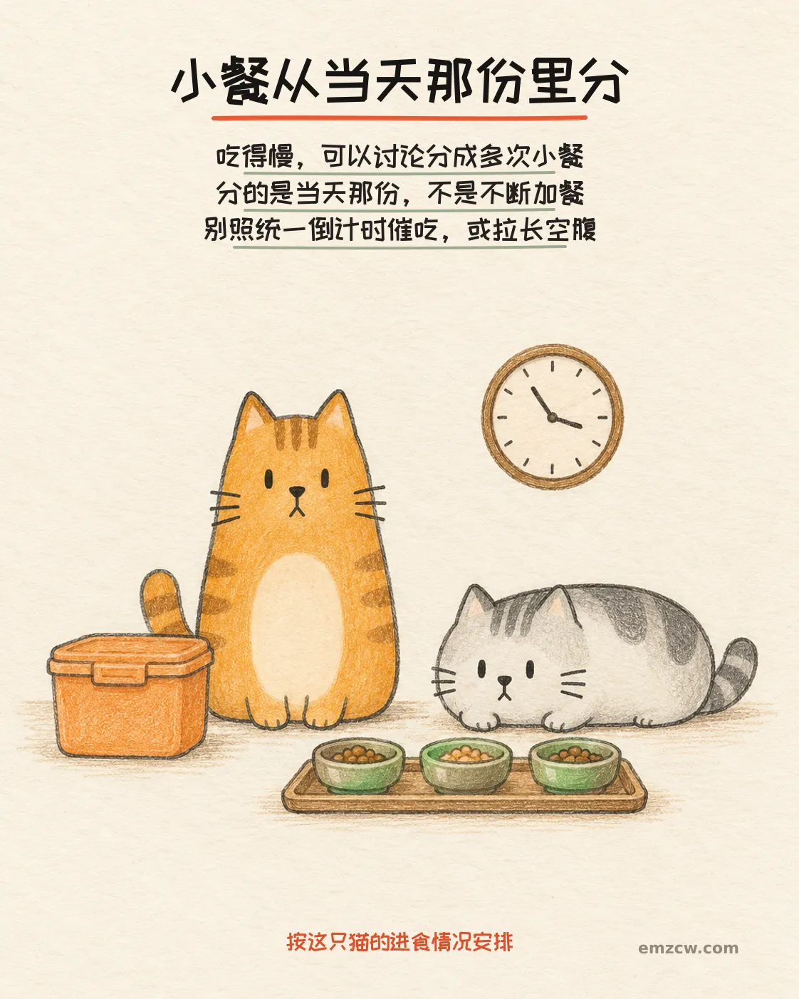 二猫子看着收纳盒、时钟和托盘上的三只小碗，均未进食，画面展示将当日日粮分为多次小餐，不在原有份量上不断加餐