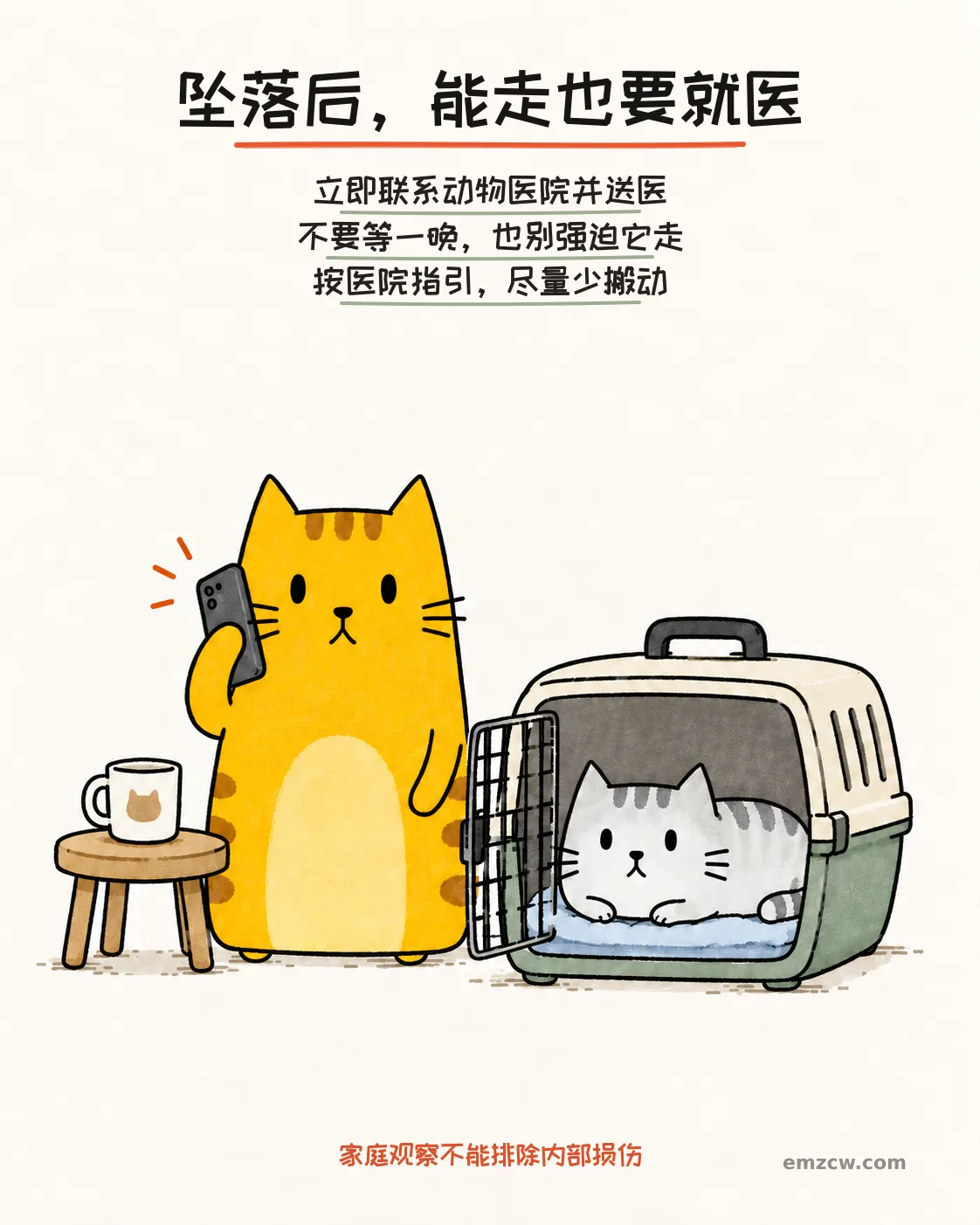 二猫子一只安静卧在铺有薄毛巾的航空箱中，另一只拨电话联系动物医院，提醒坠落后能走也要立即就医