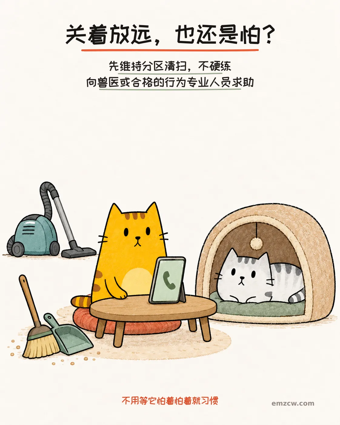 二猫子在电话、扫帚和休息处旁准备咨询，机器留在远处，说明关机放远仍紧张时先分区清扫并寻求专业帮助