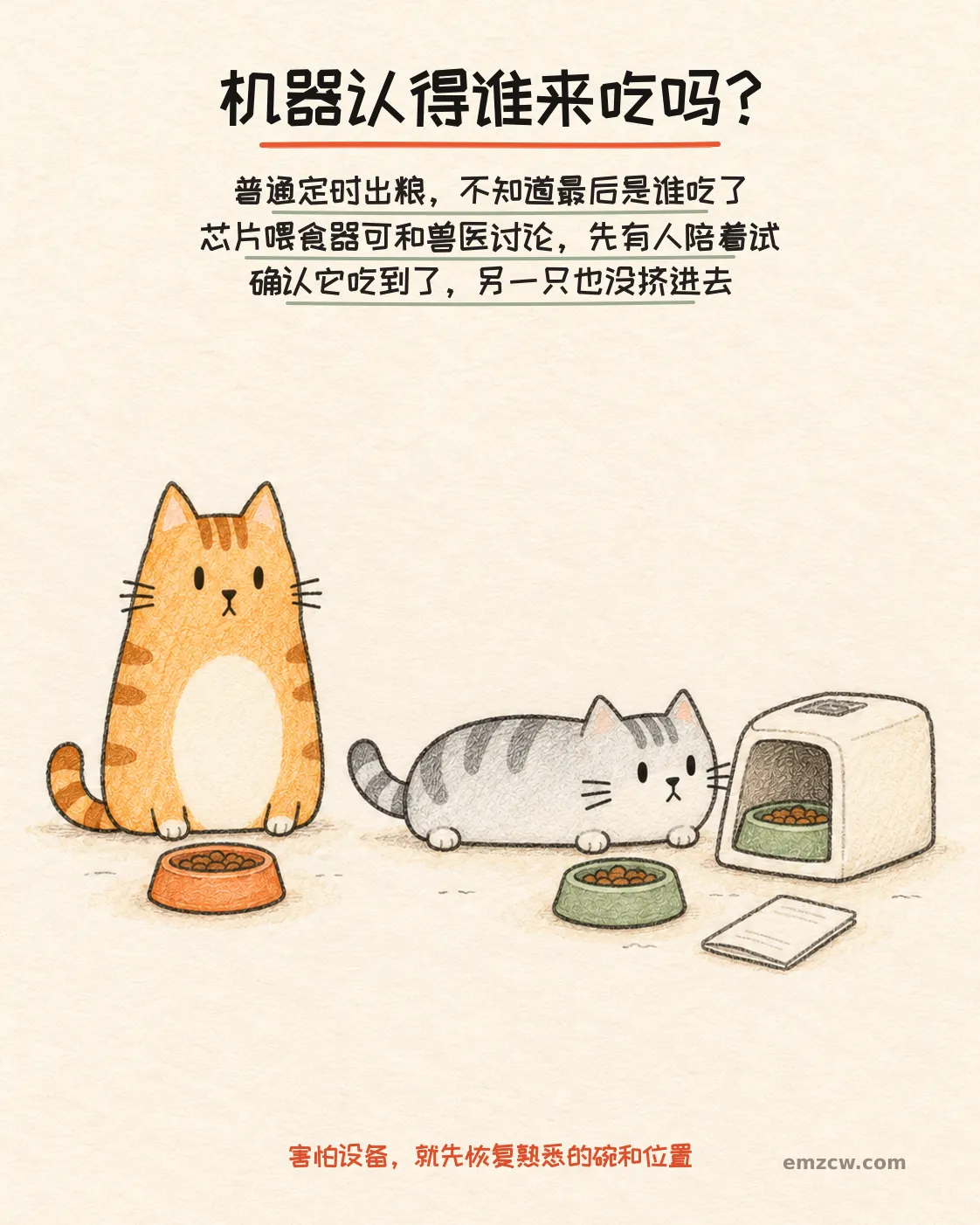 二猫子一只在同伴陪伴下从外面查看个体识别喂食器，前方仍有熟悉的水绿色饭碗，说明设备需有人试用并确认实际吃到，害怕时退回熟悉安排