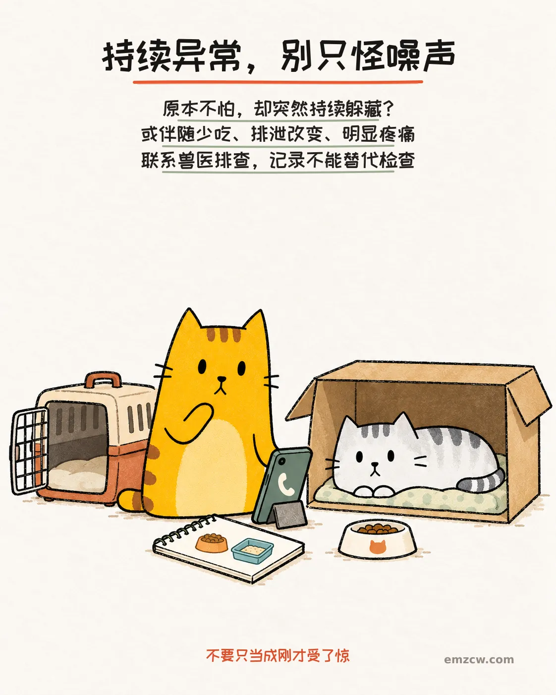 二猫子一只在纸箱里未动饭碗，另一只守着电话、记录本和打开的航空箱，说明持续异常或伴随少吃、排泄改变、疼痛要联系兽医